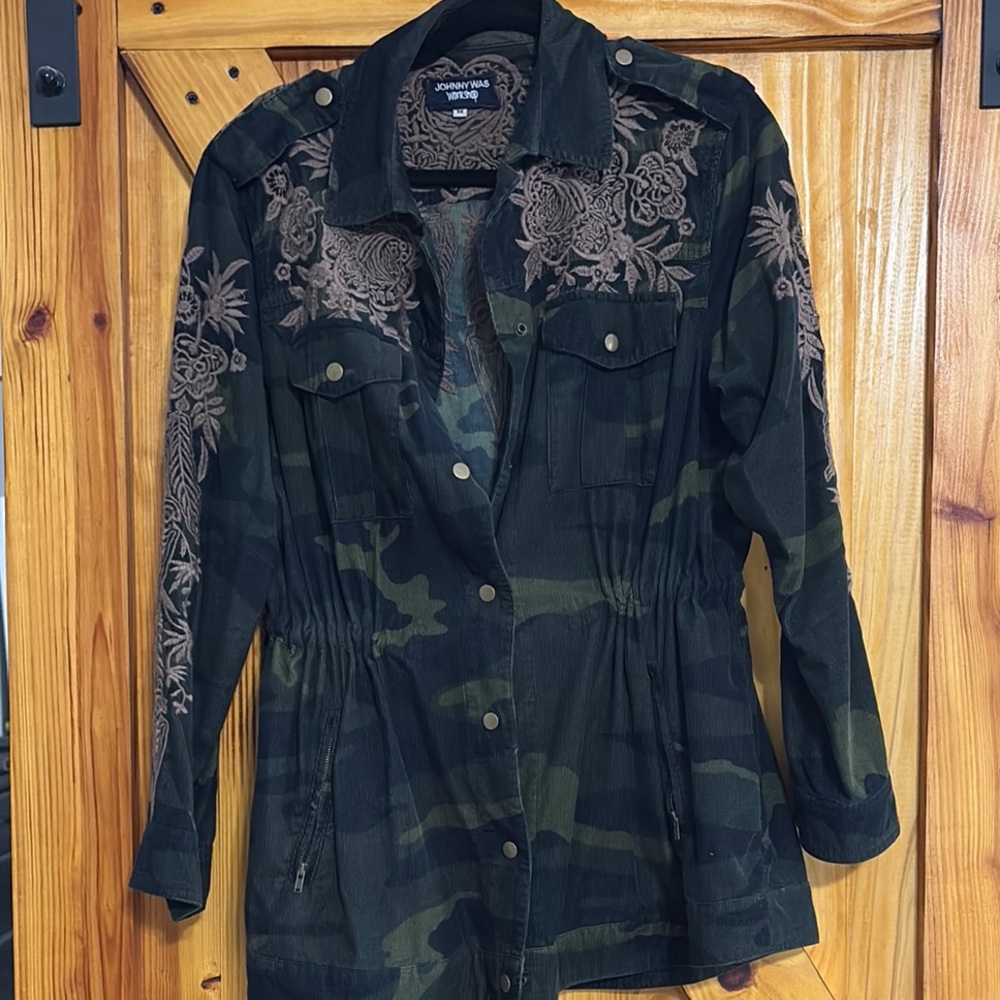 Johnny Was Camouflage Utility Jacket with Floral Embroidery